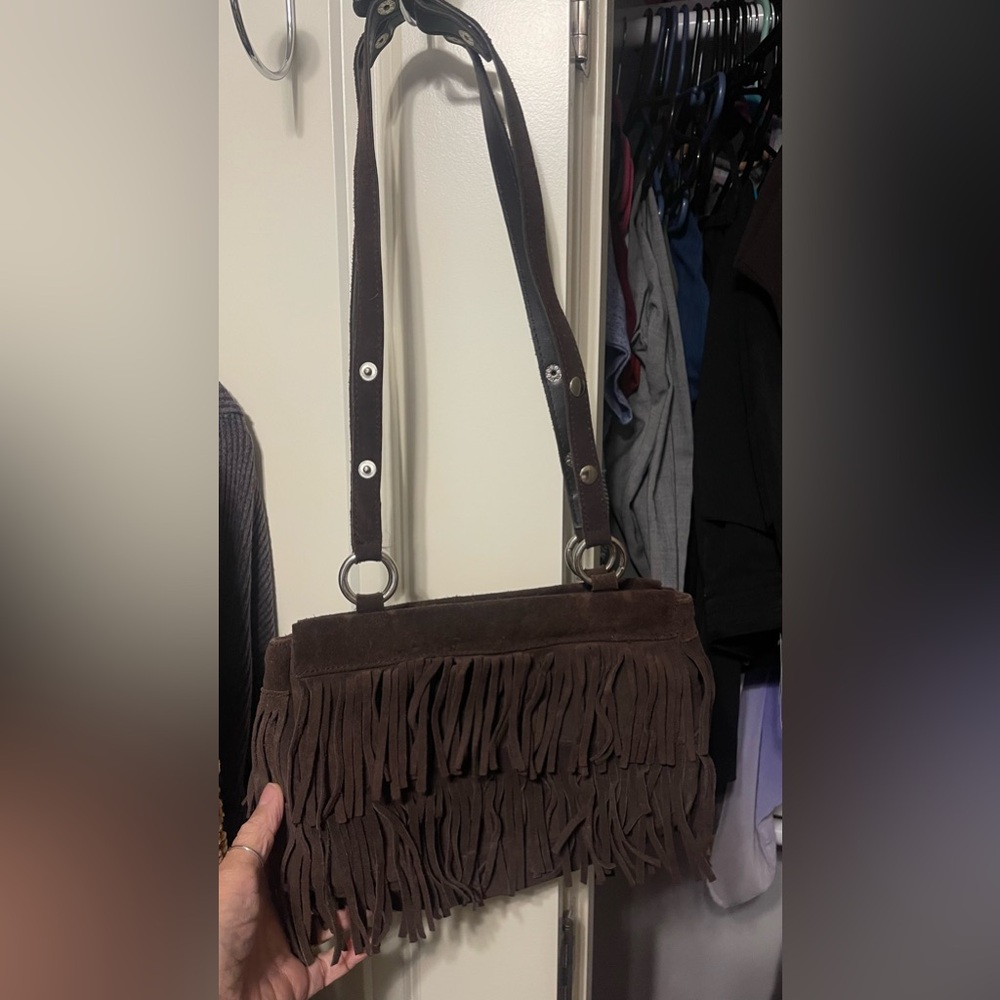 Boho vintage  fringed brown leather cross body